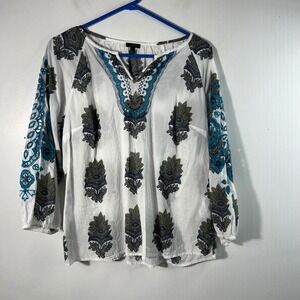 Womens Talbots V Neck Embroidered Floral Boho Tunic Cotton L White Blue Green